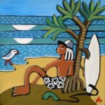 Under the Pandanus with Seagull and surfboard
