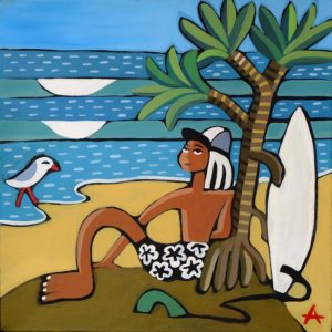 Under the Pandanus with Seagull and surfboard