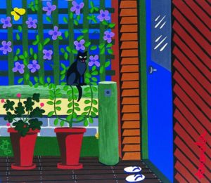Colouful cat at back door